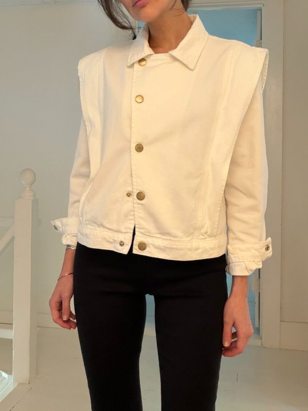 La Petite Etoile Capped Shoulder Cropped Denim Jacket Size 1 White
